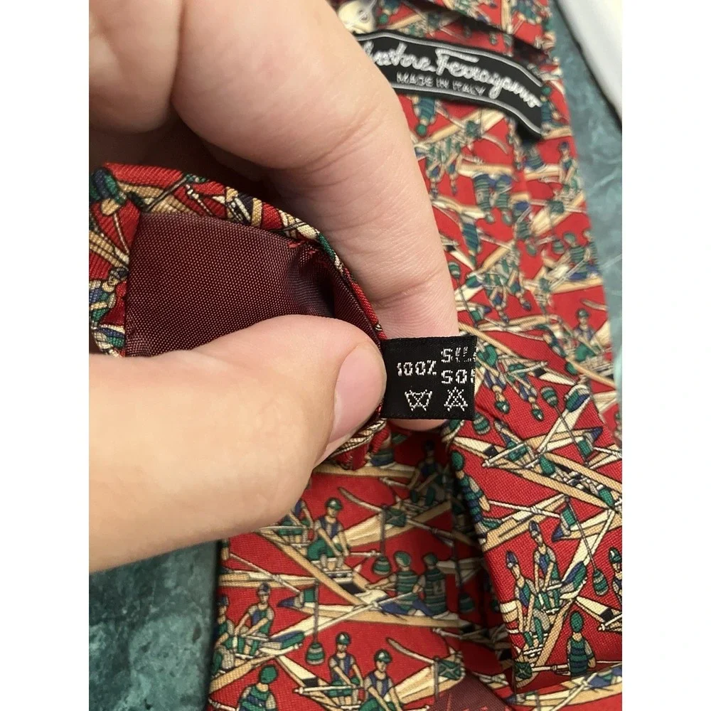 100% Silk Salvatore Ferragamo  Italian Red Color Rowing print Handmade Tie